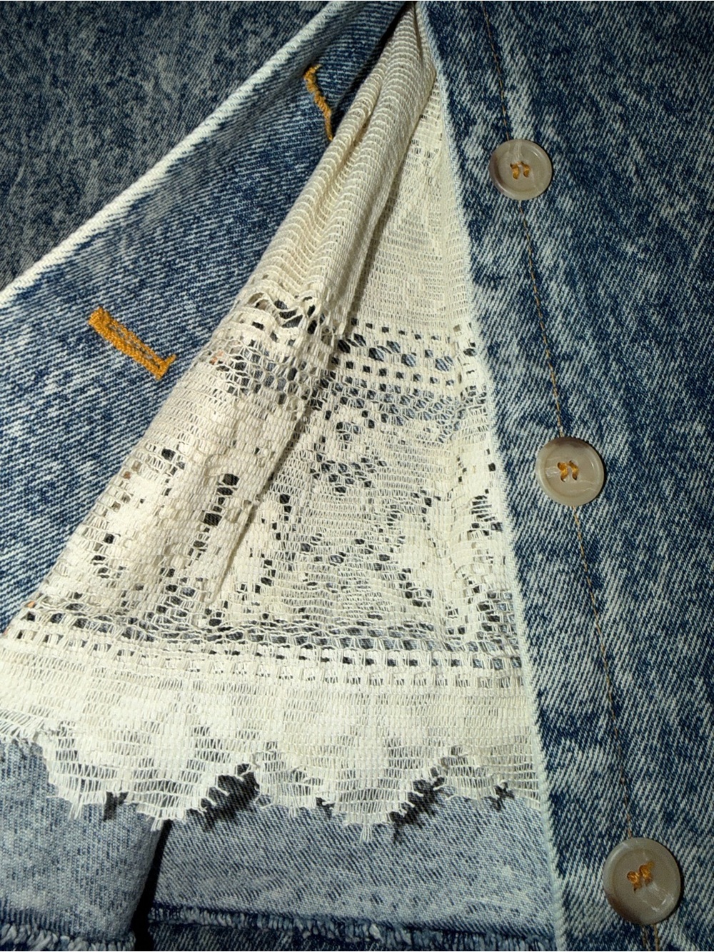Vintage Venezia Acid Wash Denim Midi Skirt Size 18 Lace Inset Button Front - Picture 12 of 12